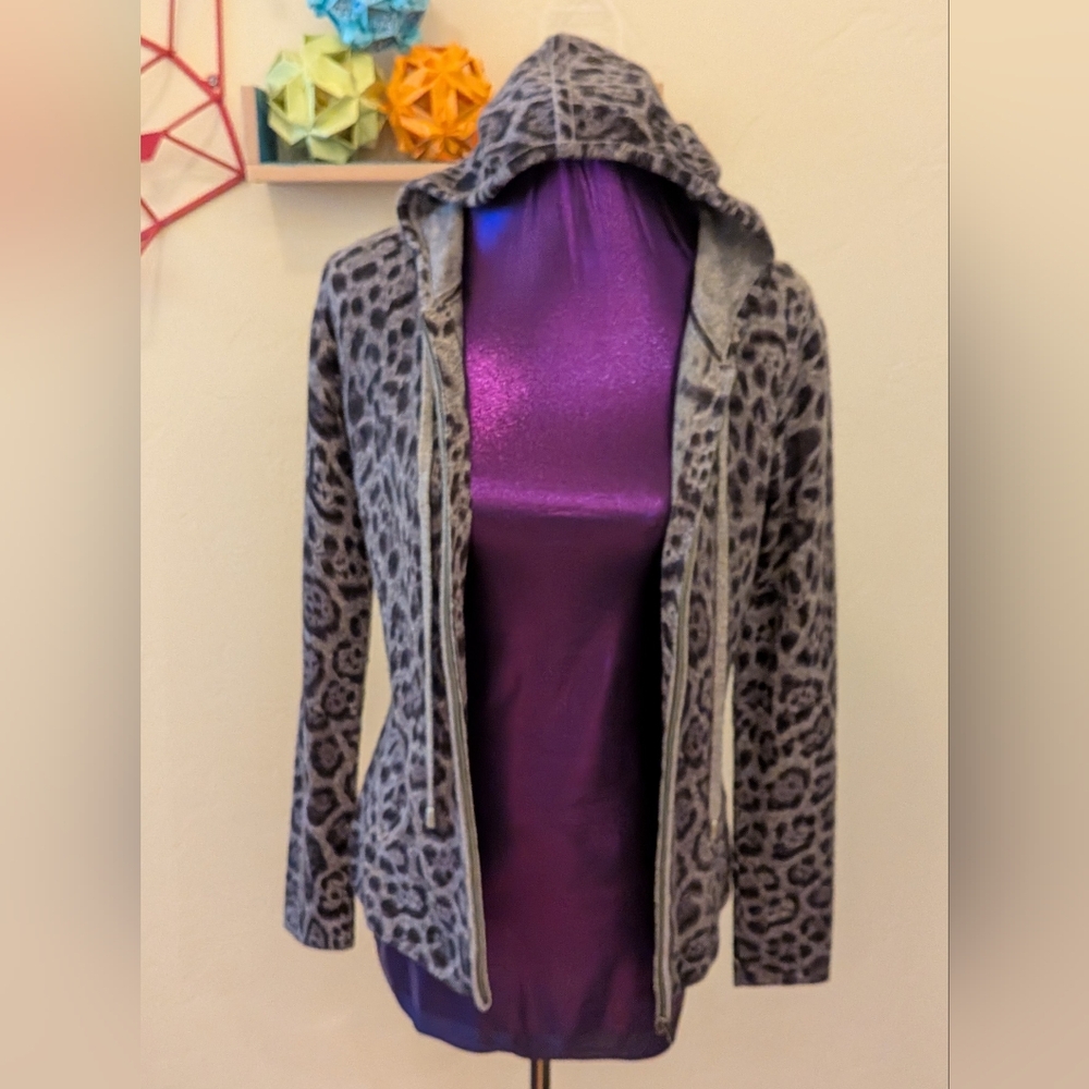 S 100% Cashmere Pure Amici Gray Leopard Zipper Hoodie Small Hooded Jacket